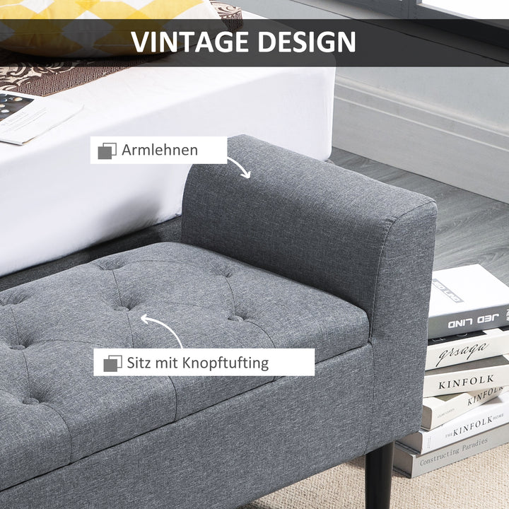 Opbevaringsbænk, polstret bænk, belastningskapacitet op til 130 kg, hørlook, gummitræ, 116 x 44 x 58 cm, lysegrå