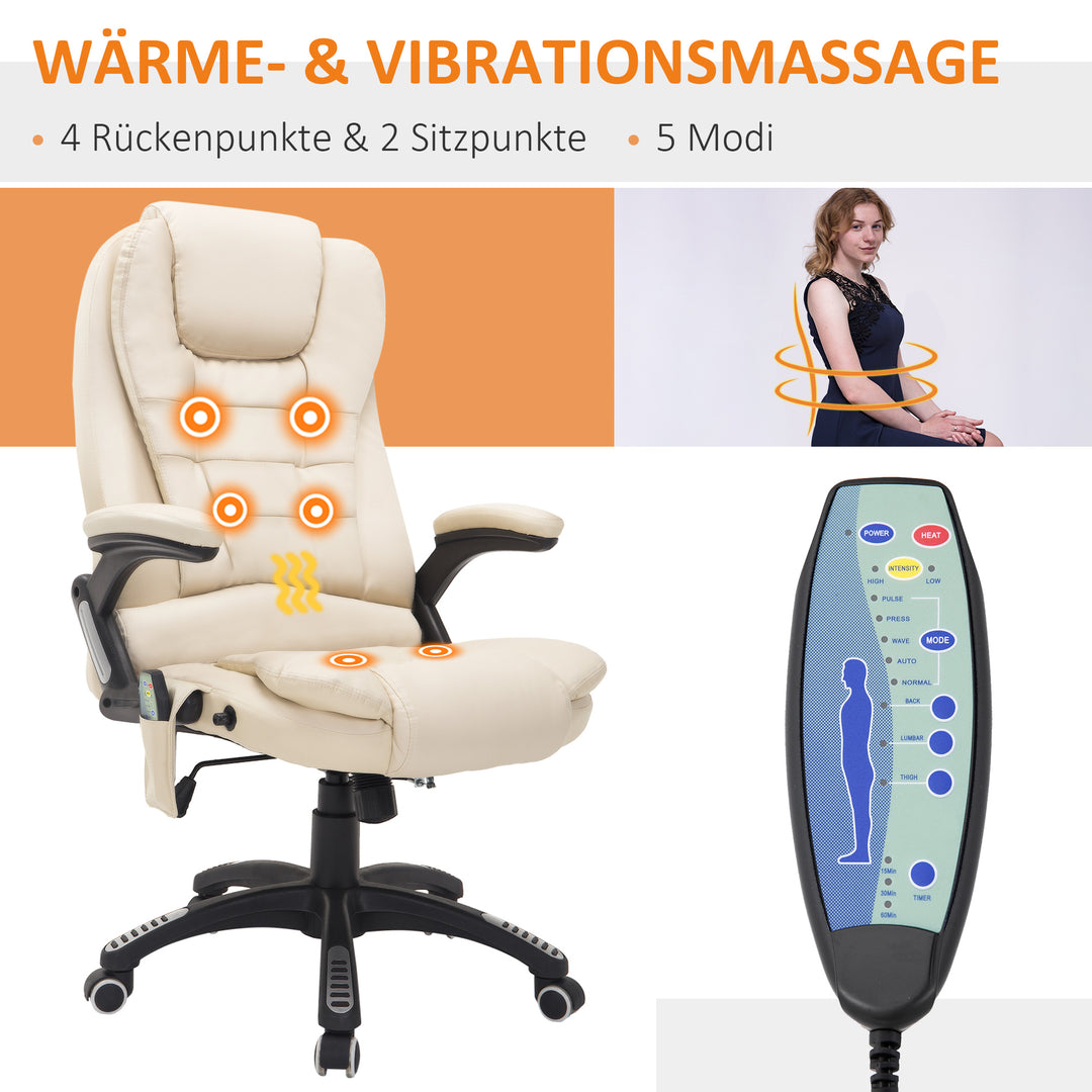 Kontorstol med massagefunktion, varmefunktion, højdejusterbar, vippefunktion, massage kontorstol, cremehvid + sort