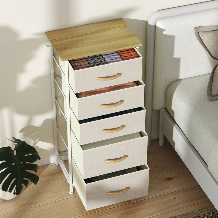 Kommode med 5 skuffer i fiberdug med kroge, beige
