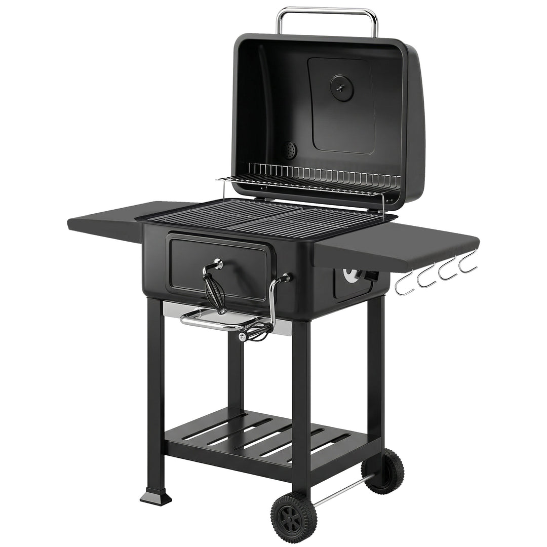 Kulgrill BBQ-ryger med låg, termometer, højdejusterbar kulpande, skorsten, grillrist, sidebord, askeskuffe