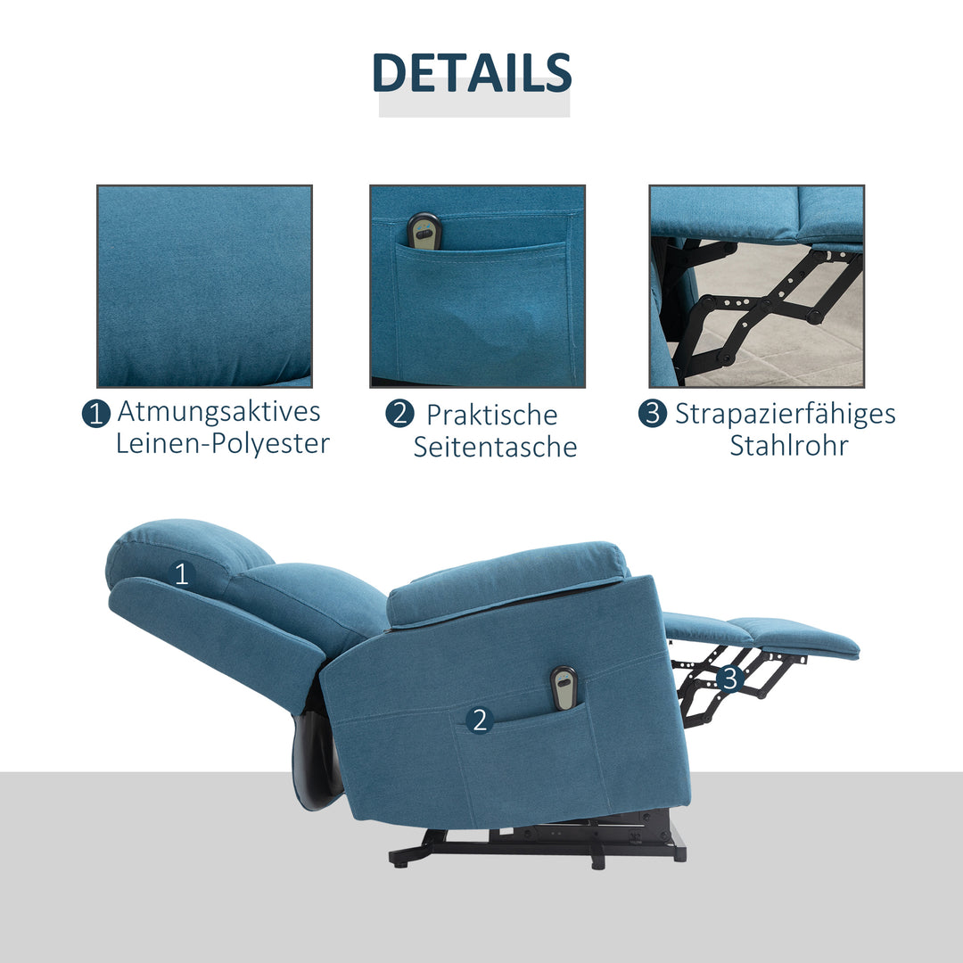 Elektrisk stol med ståhjælp til seniorer, tv-stol med sovefunktion, linned touch, blå, 83 x 89 x 102 cm
