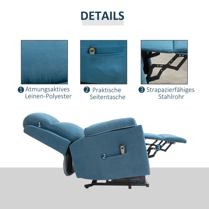 Elektrisk stol med ståhjælp til seniorer, tv-stol med sovefunktion, linned touch, blå, 83 x 89 x 102 cm