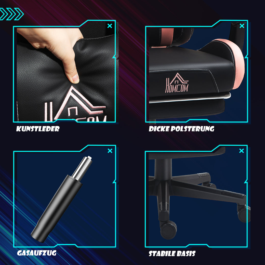 Gamingstol med katteører, lænelæn, udtrækkelig fodstøtte, op til 120 kg, pink/sort