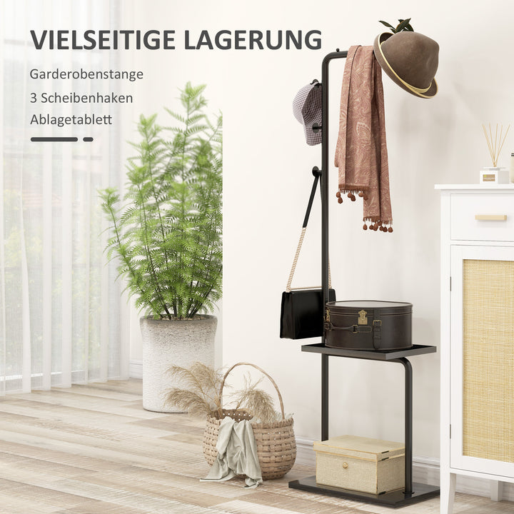 Knagerække, bøjlestang med stopper, 3 kroge, opbevaringsrum, kunststensfod, sort