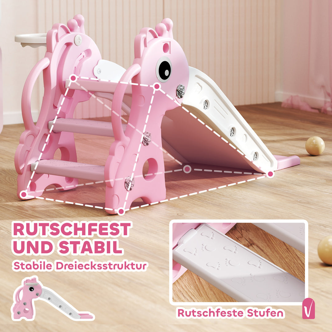3-i-1 rutsjebane til børn, girafformet, basketballkurv, bold, pink