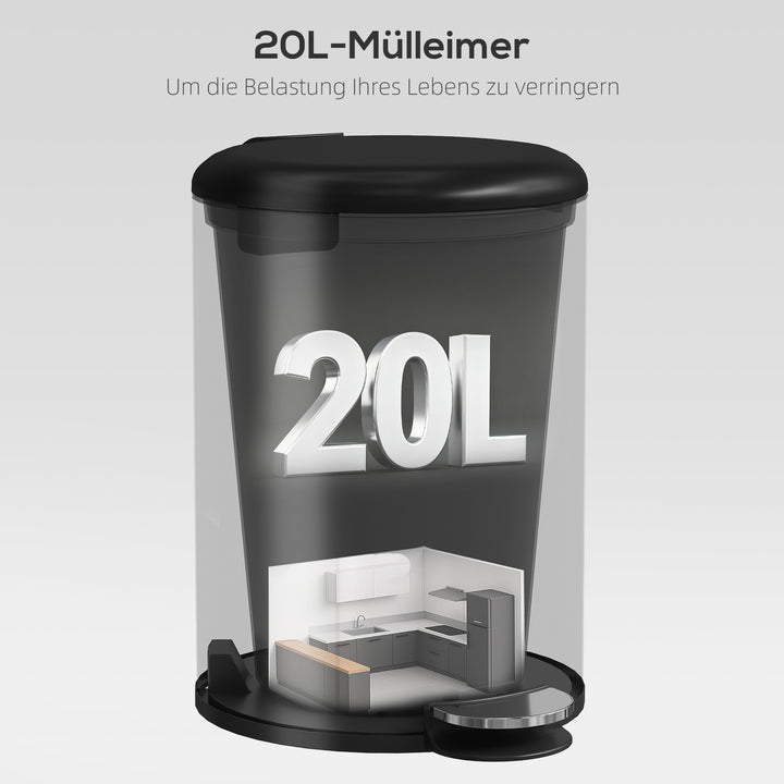 20-liters køkkenaffaldsspand, fingeraftryksbestandig metalaffaldsspand med soft-close låg, fodpedal og aftagelig inderspand, sort