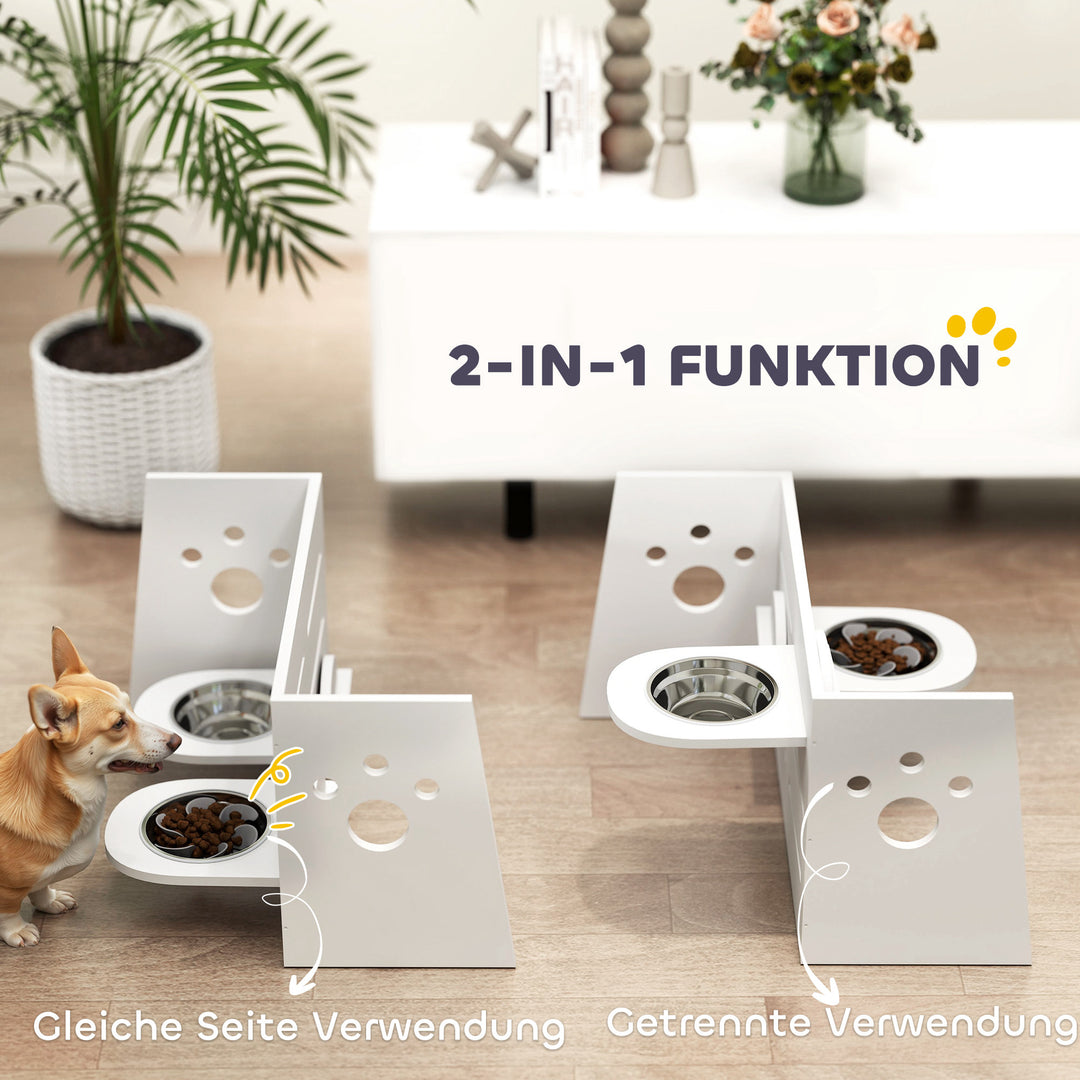 Hundeskålstativ, justerbare foderskåle med separat design, 2 rustfrit stålskåle, anti-gulping måtte, hvid
