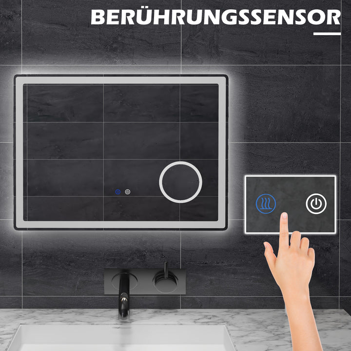 LED-badeværelsesspejl med 3x forstørrelse, touchfunktion, hukommelsesfunktion, antidug, 80 x 60 cm
