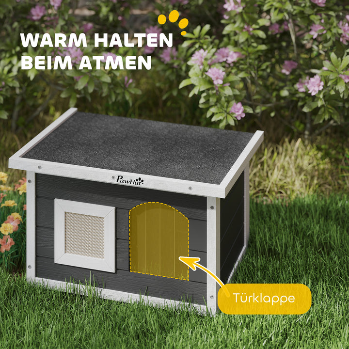 Kattehus, tilflugtssted for katte og kaniner, træhus med kradsemåtte, dørklap, 61 x 45 x 36,5 cm, grå