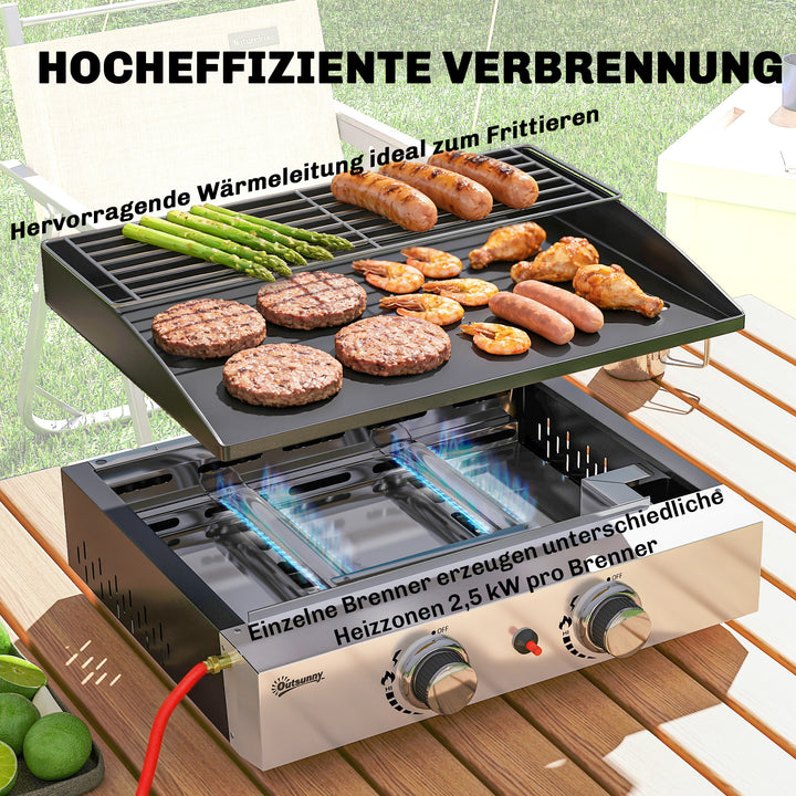 5 kW gasgrill, bærbar bordgrill med 2 brændere, keramisk belægning, grillrist, varmeplade