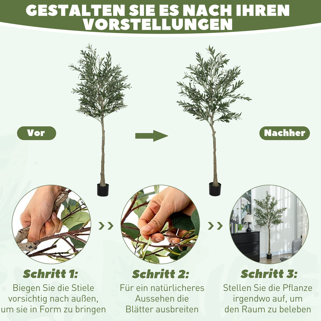 Kunstigt oliventræ, 180 cm, 900 blade, 40 oliven, robust urtepotte, dekorativ plante, grøn