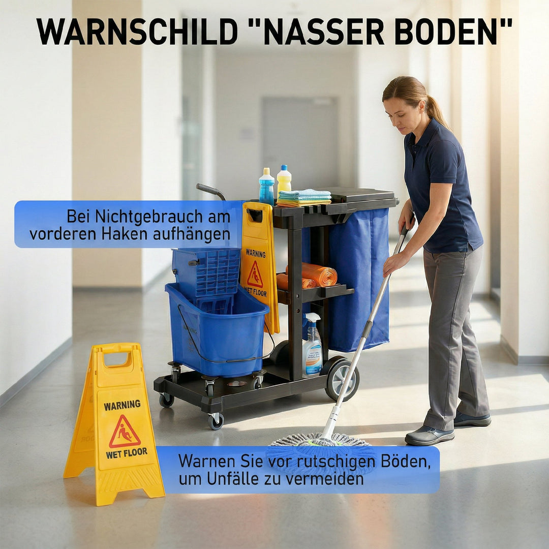 Rengøringsvogn, rullende rengøringsvogn med 3 hylder, 70-liters affaldspose, moppespand, blå