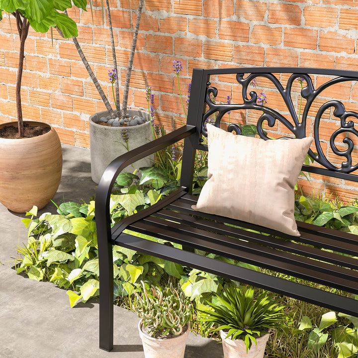 Metalhavebænk, blomsterdesign, 2-personers, 240 kg lasteevne, stål, 127L x 60B x 87H cm, sort