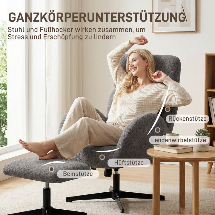 Drejelig lænestol med fodskammel, højdejusterbar accentstol med justerbar nakkestøtte, gyngefunktion, grå
