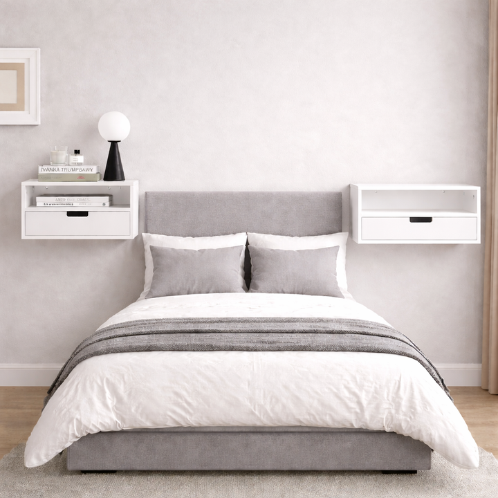 Sæt med 2 vægsengebord - pladsbesparende, skuffe og åbent rum, vægmonteret natbord, B45 x D25 x H22 cm, hvid