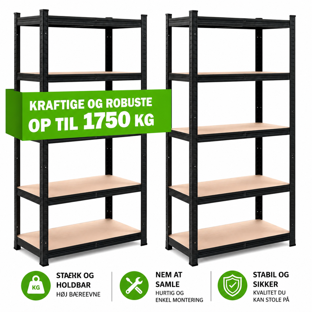 2 kraftige reoler, 875 kg, 180x90x40 cm, sort