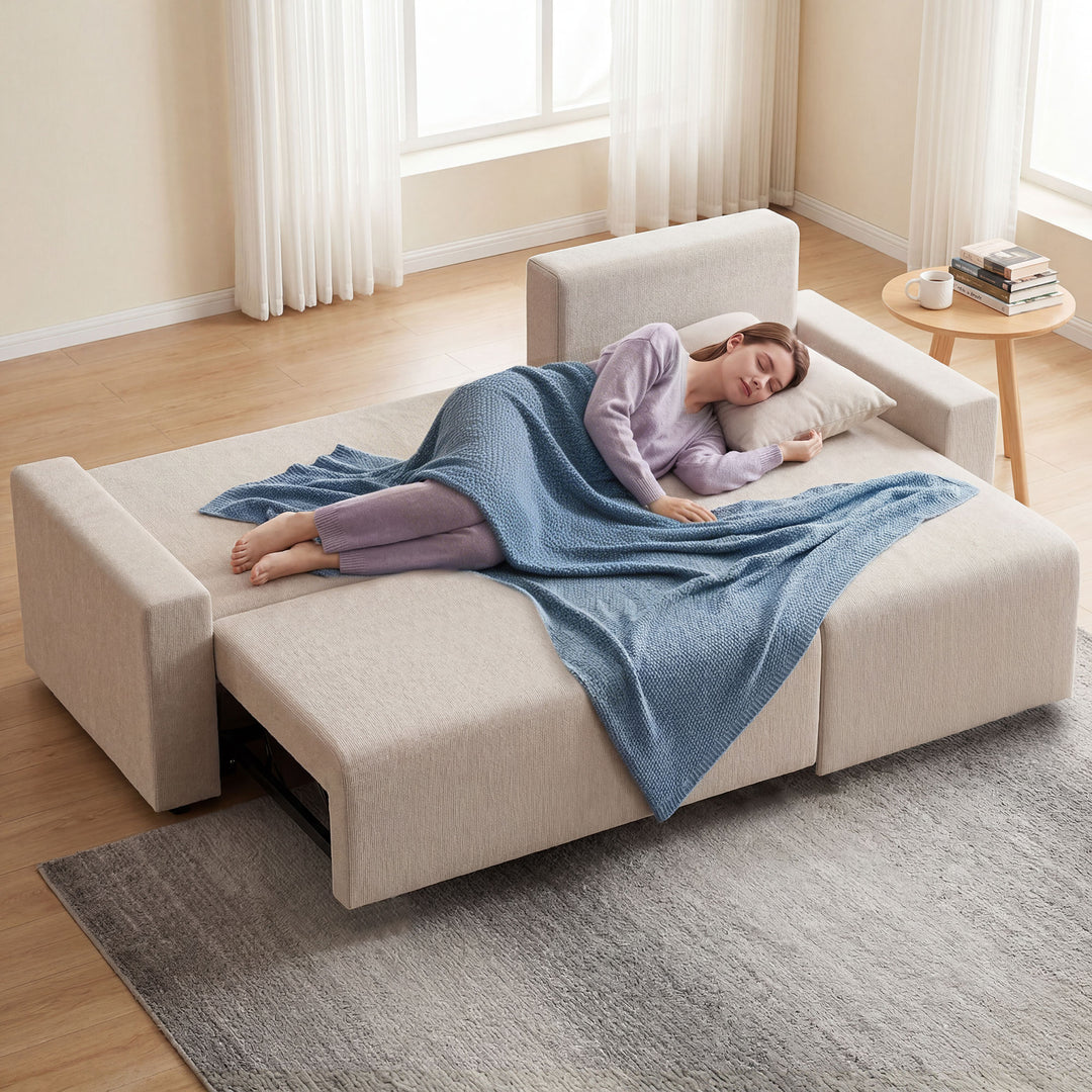 Hjørnesofa med sovefunktion og vendbar chaiselong, L-formet 3-personers sofa med velourbetræk, beige