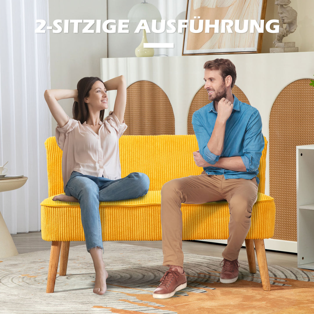 To-personers sofa, elegant skandinavisk design, massivt træstel, op til 150 kg, 117 x 56,5 x 77 cm, gul