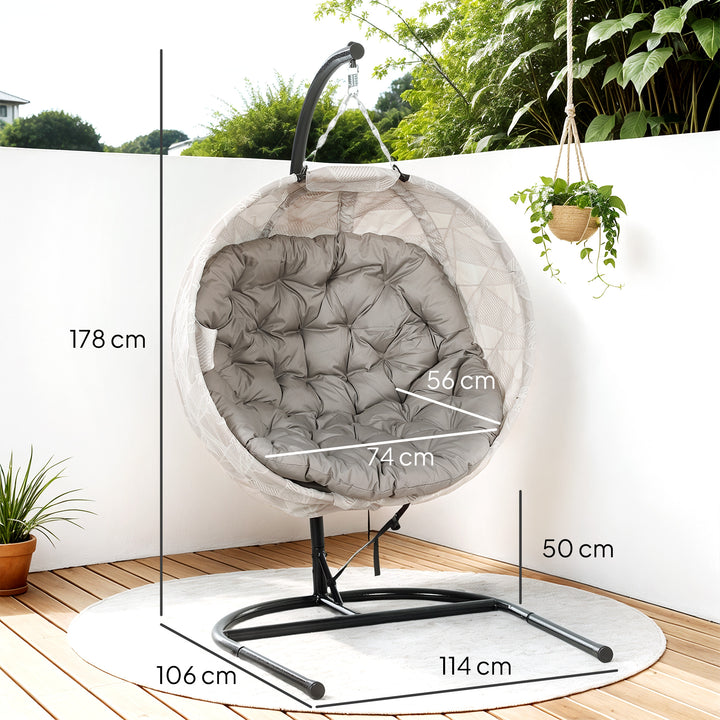 Ægformet hængekurv, hængestol med gyngefunktion og foldbar kurv, havestol, kopholder, sandbrun