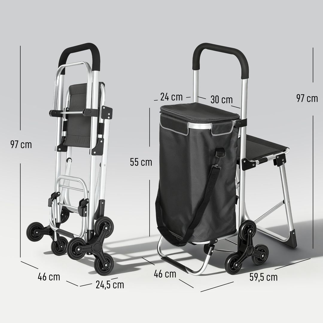 3-i-1 indkøbsvogn, foldbar med sæde, 40 liters kapacitet, mørkegrå