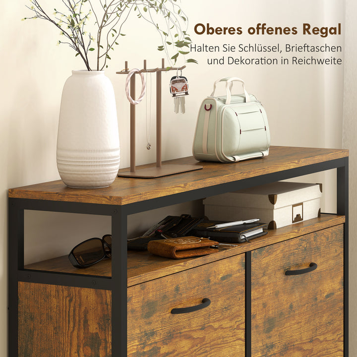 Skoskab med 4 sammenklappelige skuffer, slankt design, åben hylde, til 12-20 par sko, stål, brun