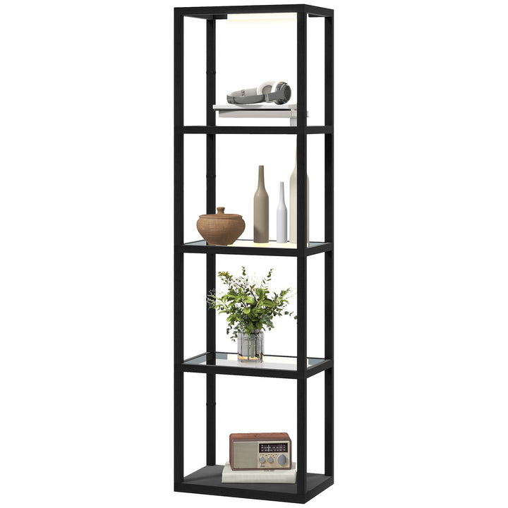 Led-gulvlampe med 4-lags hylde, oplyst hylde med 4 glasrum, fodkontakt, mdf, sort