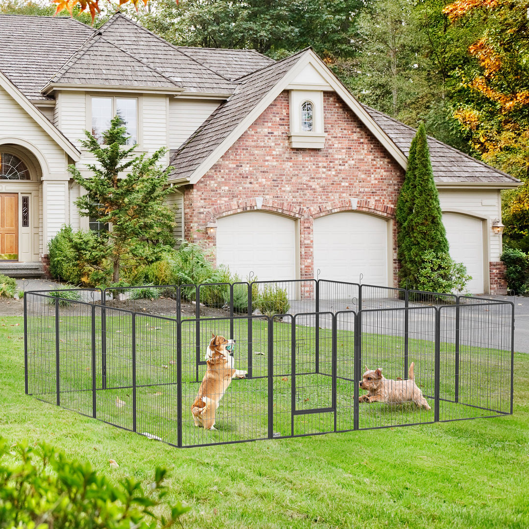 Hvalpegård, modulært design, 16 elementer, 2 døre, vejrbestandig, stål, 3,2 x 3,2 x 1 m, grå