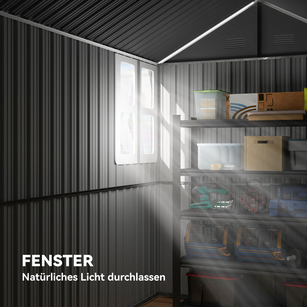 Haveskur, metalredskabsskur, dobbeltdør, vindue, 259x172x222 cm, grå/hvid