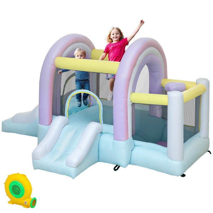 Hoppeborg, boldbassin, 2 rutsjebaner, oxfordstof, uv-bestandig, blæser, farverig