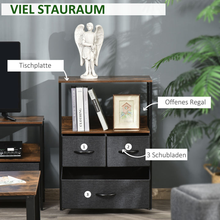 Kommode med 3 skuffer i linned med hyldegreb, sort