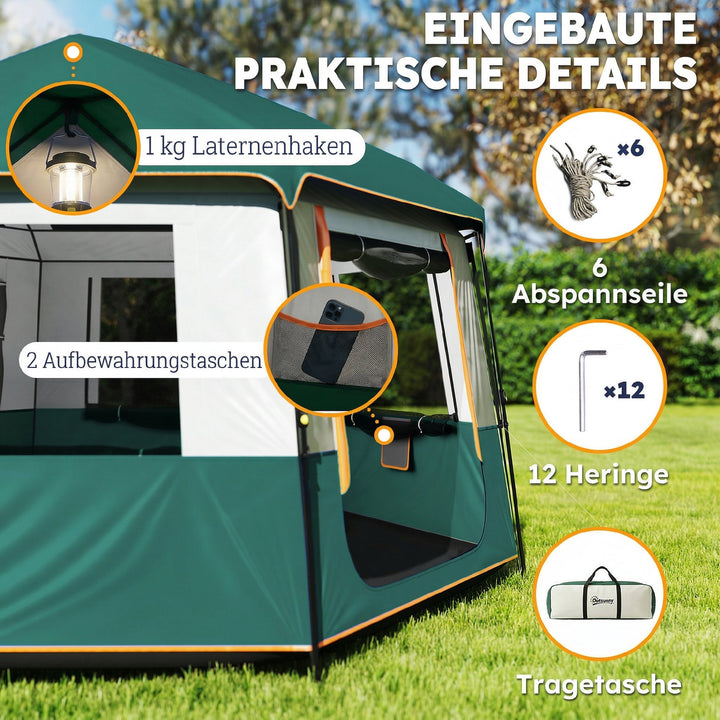 Campingtelt til 4-6 personer, stabilt 3000 mm vandtæt familietelt med aftageligt topdæksel, UV30+ beskyttelse, grøn