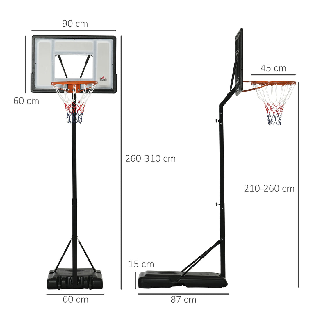Basketballstativ med hjul, rullelig, 210-260 cm højdejusterbar, basketballkurv med stativ, egnet til indendørs og udendørs brug, stål, plastik, sort