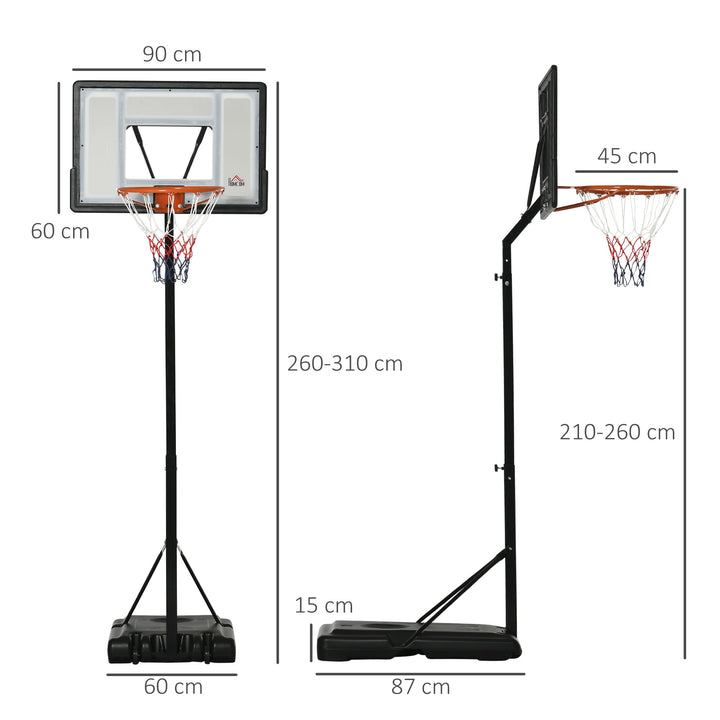 Basketballstativ med hjul, rullelig, 210-260 cm højdejusterbar, basketballkurv med stativ, egnet til indendørs og udendørs brug, stål, plastik, sort
