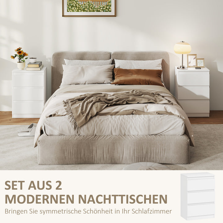 Natborde i sæt med 2, 3 skuffer, grebsløst design, trælook, hvide