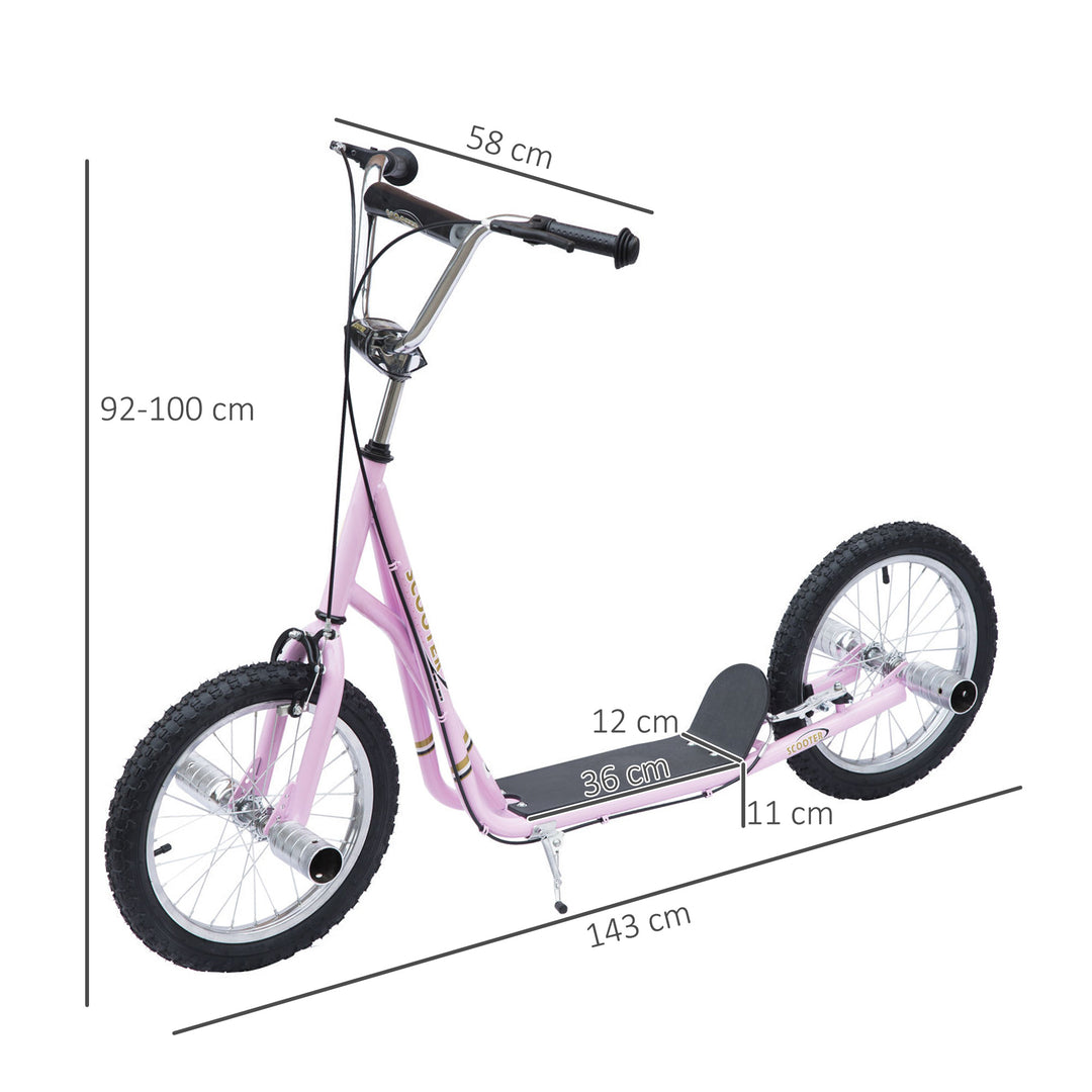 Børneløbehjul med luftgummidæk, løbehjul, city scooter til børn, kickboard, 16 tommer, fra 5 år, højdejusterbar, pink, 143 x 58 x 92-100 cm
