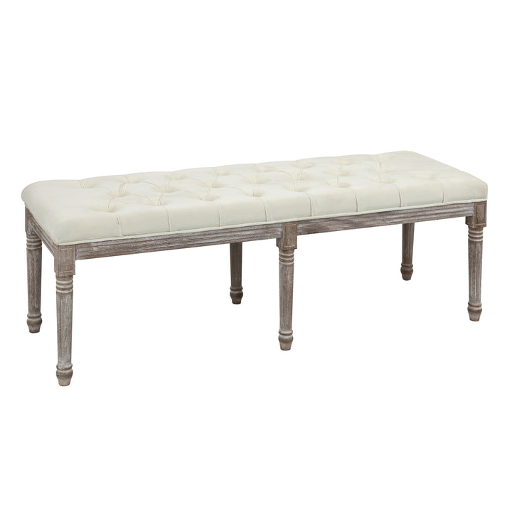 Polstret bænk vintage sengebænk med knapper velour touch gummitræ beige 142 x 47 x 51 cm