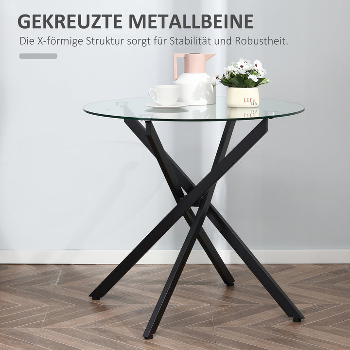 Moderne glas spisebord, 80 cm diameter, køkkenbord med hærdet glasplade og metalben, til 4 personer