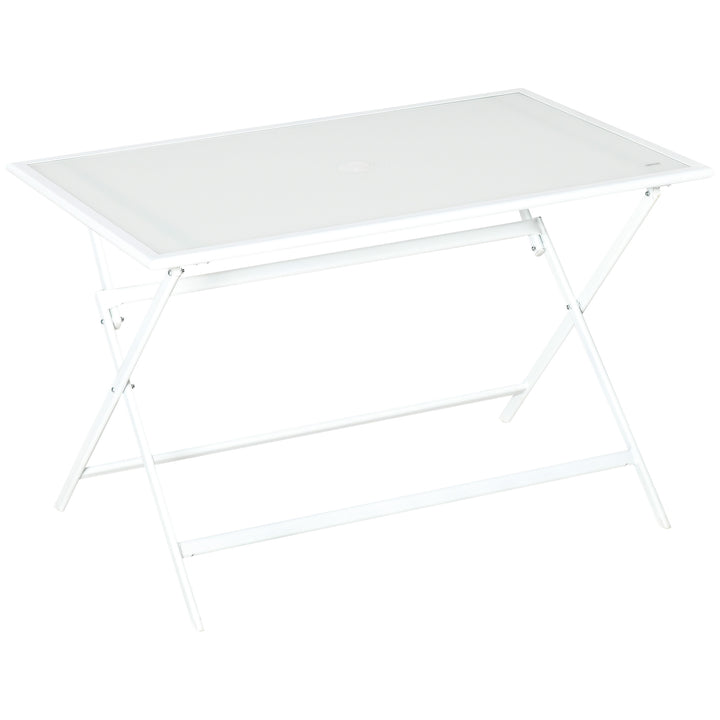Klapbord havebord med 42 mm 50 mm paraplyhul klapbord foldbart sidebord balkonbord picnicbord spisebord metal hærdet glas hvid 110 x 70 x 70 cm