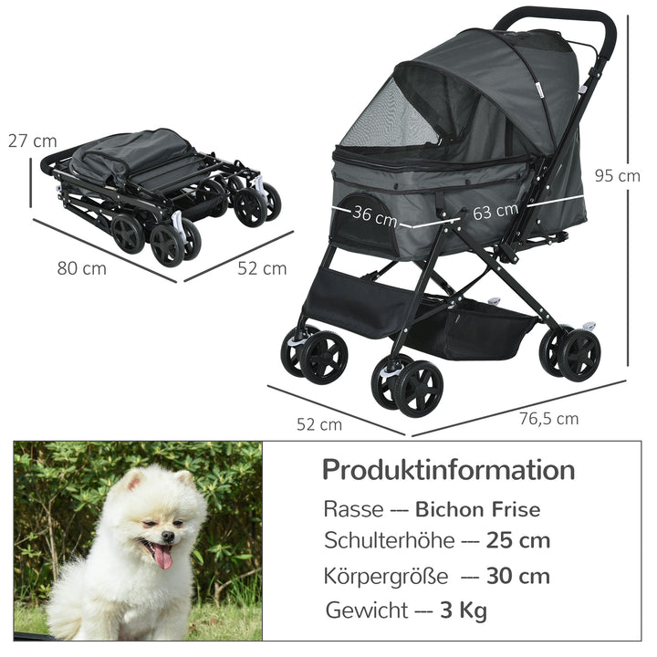 Dog buggy hundevogn op til 10 kg sammenklappelig netkurv med vindue justerbar baldakin mørkegrå 76,5 x 52 x 95 cm