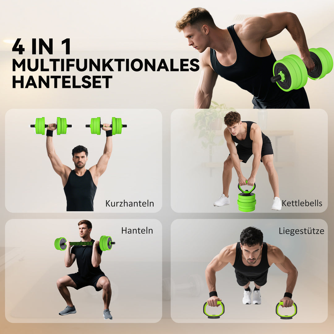 4 i 1 håndvægtsæt 20 kg justerbare håndvægte og vægtstang kettlebell push-up håndtag grøn