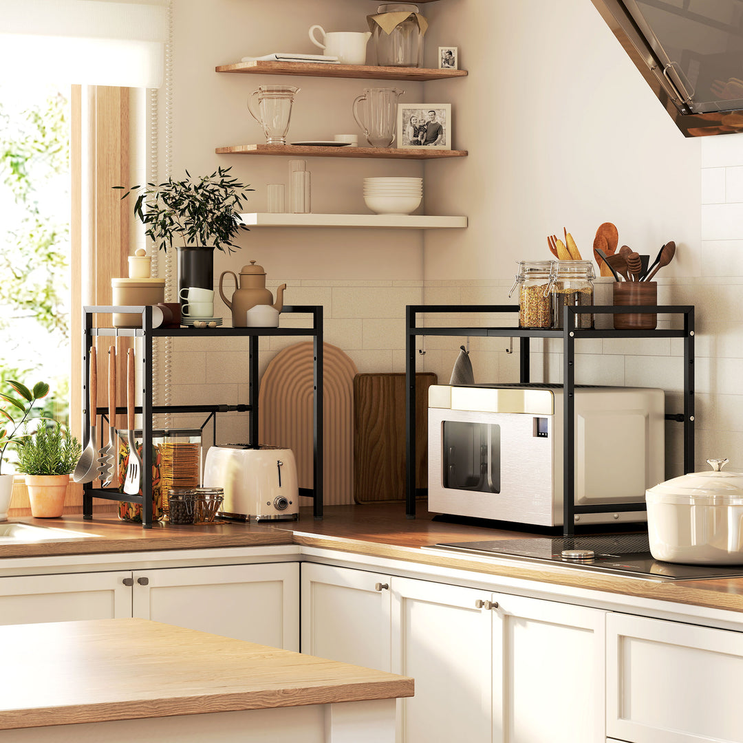 Mikrobølgeovnshylde, 3 kroge, udtrækkelig, metal, 40 cm høj, sort