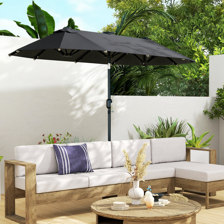 Dobbelt parasol, terrasseparasol, vipbar, med solpanel, 35 LED'er, stålramme, grå, 2,92 x 1,50 x 2,18 m