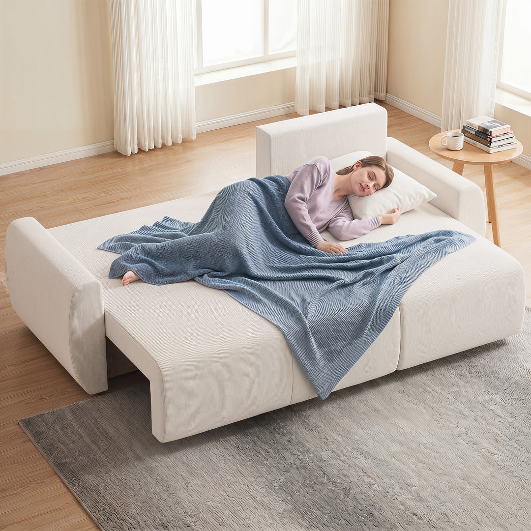 Sovesofa med vendbar chaiselong, L-formet 3-personers sofa med velourbetræk, cremehvid