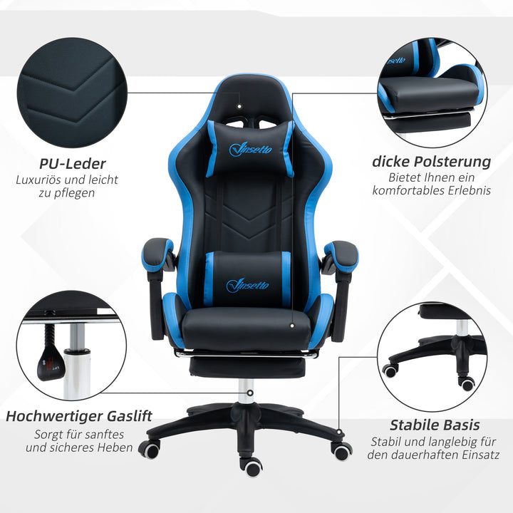Kontorstol, gamingstol, 1 nakkestøtte, 1 lændestøtte, blå + sort