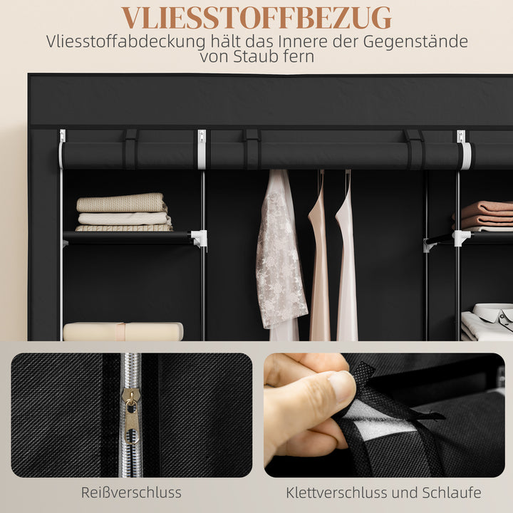 Stofgarderobe, foldbar garderobe, 1 bøjlestang, 9 hylder, 150 cm x 43 cm x 162,5 cm, sort