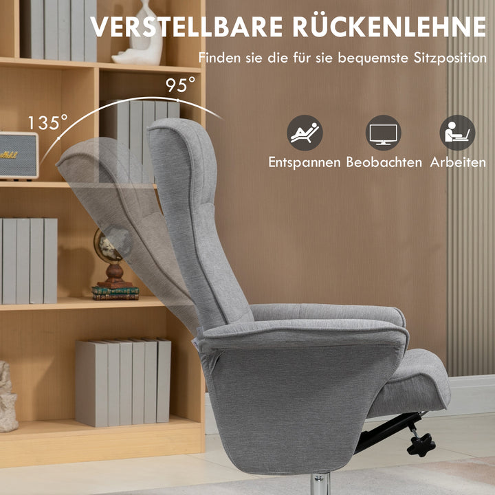 Lænestol med fodskammel, drejelig, ryglæn med justerbar stilling, op til 150 kg, 69 x 71 x 104 cm, grå