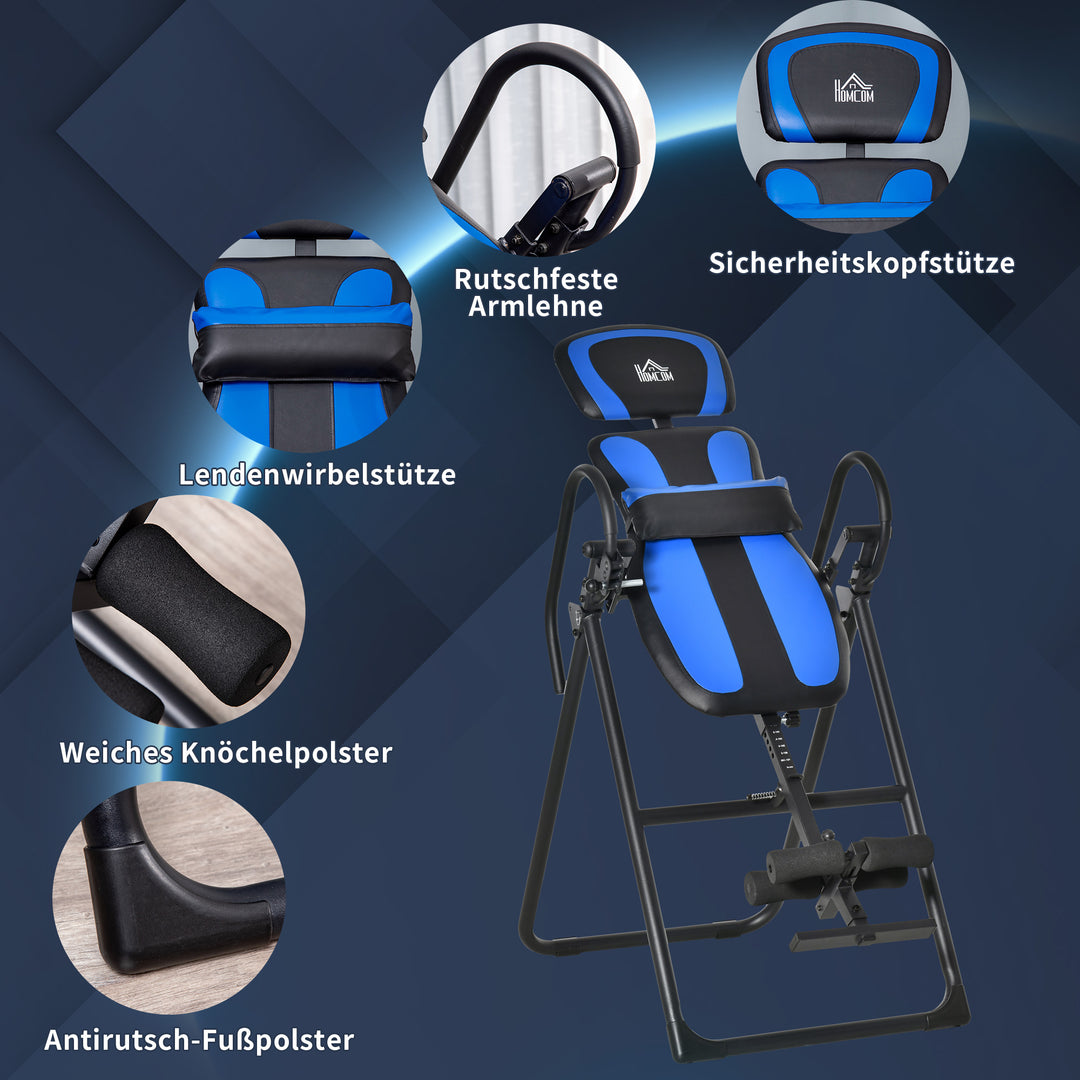 Inversion bench foldbar gravity trainer med to bevægelige hjul rygpude metal abs sort+blå 132 x 71 x 145 cm