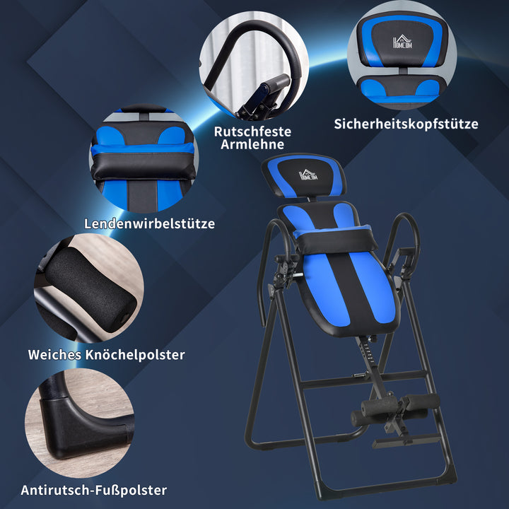 Inversion bench foldbar gravity trainer med to bevægelige hjul rygpude metal abs sort+blå 132 x 71 x 145 cm