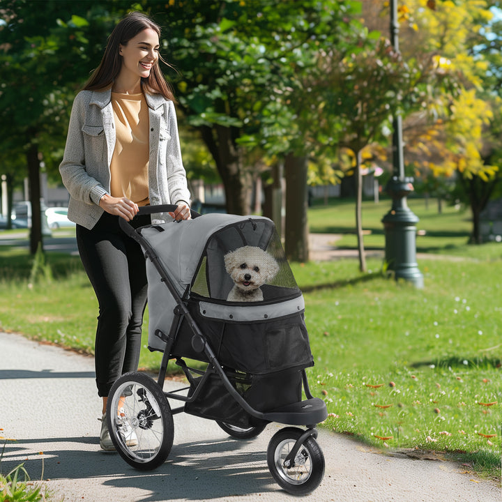 Hundevogn, kæledyrsklapvogn til små hunde og katte, med opbevaringskurv, foldbart design med ét klik, grå
