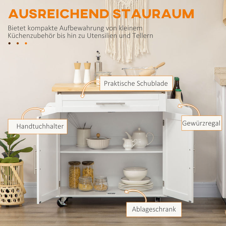 Køkkenvogn serveringsvogn køkkenø, 1 krydderirist, 1 viskestykketørrer, 109 cm x 40 cm x 89 cm, hvid